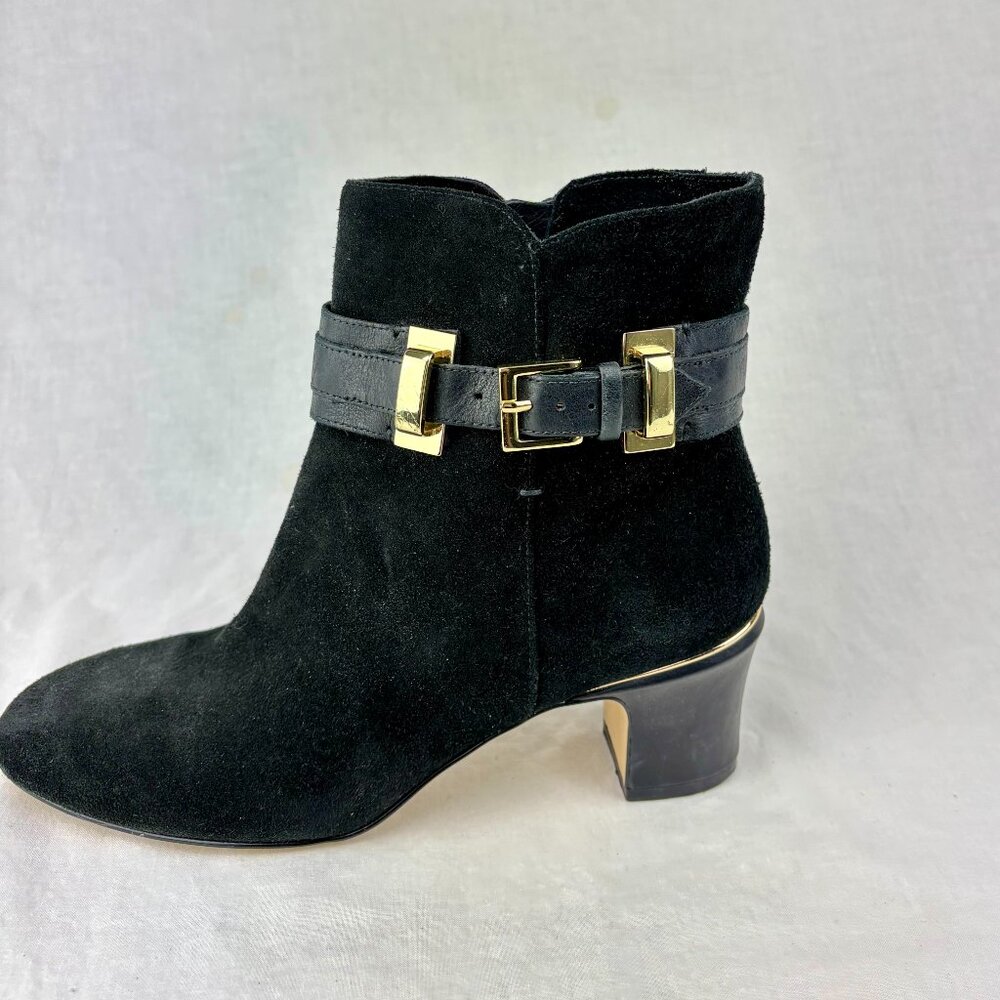 Joan & David Black Suede Ankle Boots with Gold Buckle
